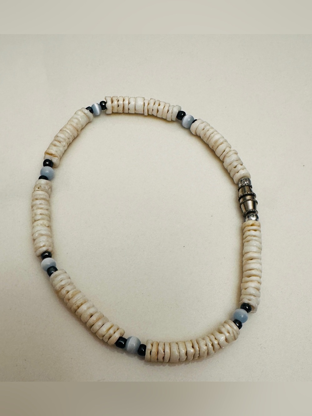 Anklet Cream Heishi Bead*Eye catching Blue* with Black & Silver Accents*GUC